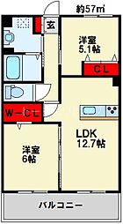 JR日豊本線 城野駅 徒歩26分の賃貸マンション 3階2LDKの間取り