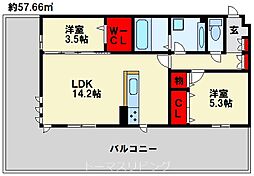 SHIZUKA大里 2階2LDKの間取り