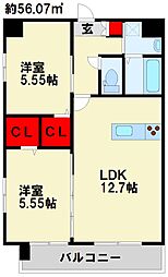 KSK南小倉コアプレイス 2LDKの間取図画像