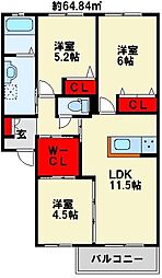 クラヴィエ三萩野B 3LDKの間取図画像