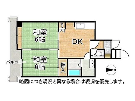 南向きバルコニーの2DKの間取りです