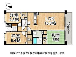ロイヤルヒルズ富雄J棟 3LDKの間取図画像