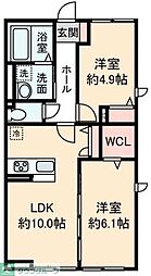 狭山市新狭山2丁目アパート 2LDKの間取図画像
