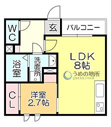 フィーリックス久留米大前II 1階1LDKの間取り