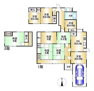 間取り:和室が充実した2階建て、車庫付きの住まい。各居室に収納があり、すっきりとした暮らしをサポートします。 間取り:和室が充実した2階建て、車庫付きの住まい。各居室に収納があり、すっきりとした暮らしをサポートします。