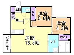 札幌市営東西線 ひばりが丘駅 徒歩7分の賃貸マンション 2階2LDKの間取り