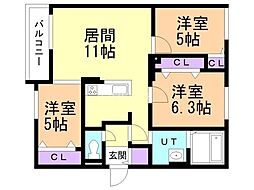 JR函館本線 厚別駅 徒歩5分の賃貸マンション 2階3LDKの間取り