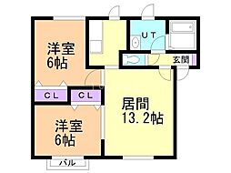 ハイネス川沿 2LDKの間取図画像