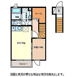 オジェ西八日町A 1DKの間取図画像