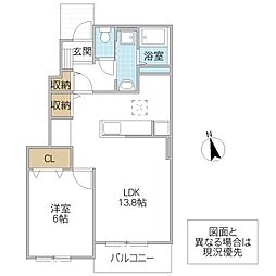 エスポワールてつな2 1LDKの間取図画像