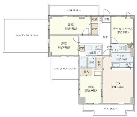 お部屋は95平米以上あるファミリータイプの間取り。バルコニーが非常に広く用途多彩です。