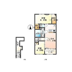 羽島郡笠松町中野アパート 2LDKの間取図画像