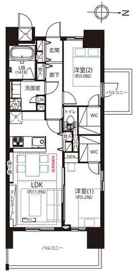 2LDKにDENが付いた間取りで、2つの洋室それぞれにウォークインクローゼットを備えた収納豊富な設計となっており、2箇所にバルコニーが配置されている点も特徴的なレイアウトです。