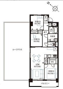 間取り:約16.0帖のLDKに面してルーフテラスが配置された3LDKの間取りで、ウォークインクローゼットやシューズクロークなど各所に収納が設けられており、水回りは廊下から直接アクセスできる配置です。 間取り:約16.0帖のLDKに面してルーフテラスが配置された3LDKの間取りで、ウォークインクローゼットやシューズクロークなど各所に収納が設けられており、水回りは廊下から直接アクセスできる配置です。