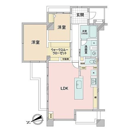 2つの洋室をつなぐウォークスルークローゼットを備えた2LDKで、LDK内やキッチン周辺、洗面室など室内各所に可動棚や固定棚の収納が確保された間取りです。