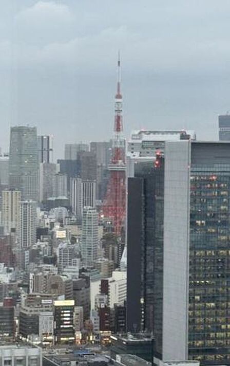 高層階の窓からは周辺に立ち並ぶオフィスビル群や赤と白のシンボルタワーを見渡すことができ、都市部の開けた景観を望むことができる室内からの景色となっております。