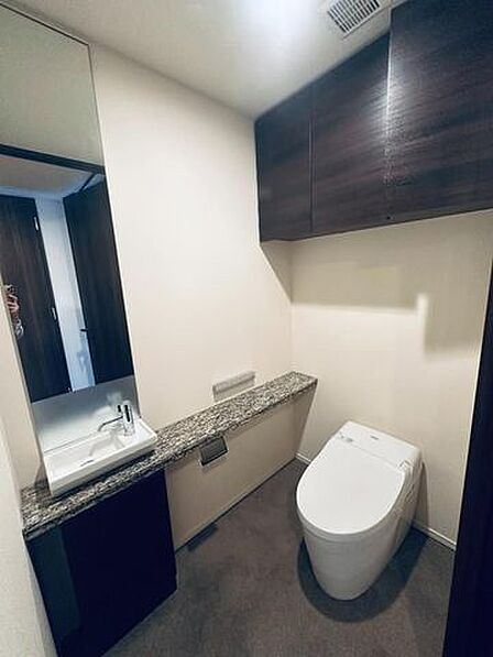 タンクレストイレを採用した清潔感のあるトイレ空間には、鏡や下部収納が付いた手洗いボウルや石目調のカウンター、上部にはペーパーなどの保管に便利な木目調の吊戸棚が備えられています。