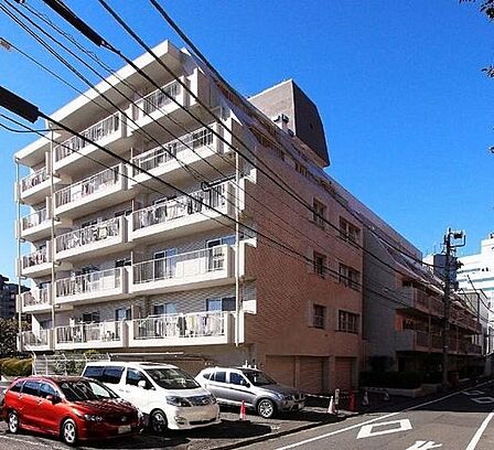 白を基調としたタイル貼りの外壁と格子状の手すりが印象的な外観で、各住戸にバルコニーが設置されており、敷地内には平面駐車場や前面道路に接したアプローチが配されたマンションです。