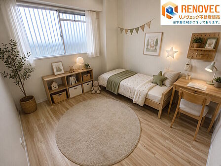 【洋室1※AI加工ステージング】◆玄関横の洋室です。◆明るくで落ち着いた色合いのリフォーム済みのお部屋は、子供部屋・書斎に最適な空間です。