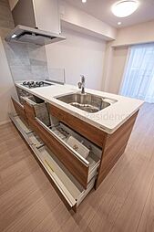 スライドタイプの収納は調理器具もたっぷり入ります。