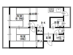 国分旭ヶ丘住宅1号棟 2DKの間取図画像