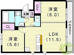 ソノーレ鈴蘭 1階2LDKの間取り