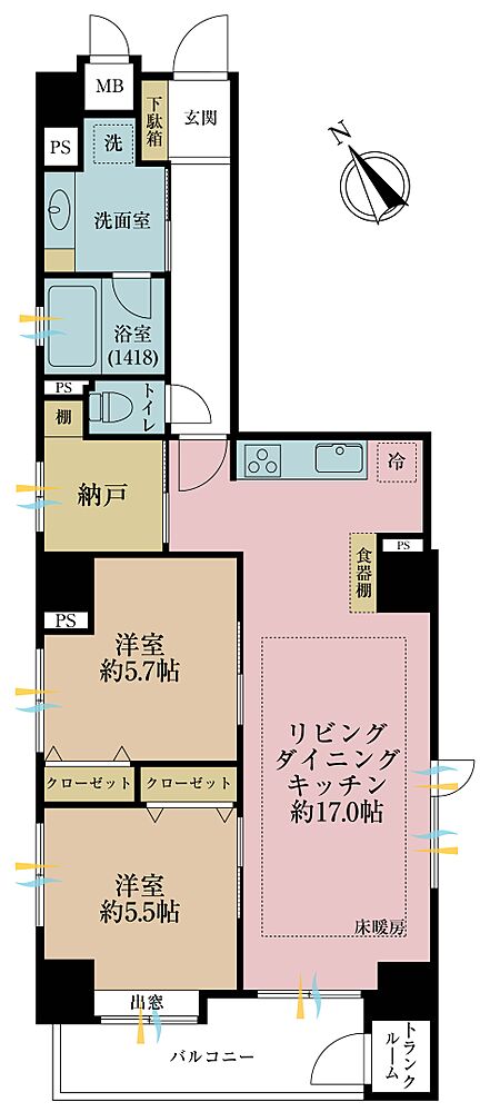 2ＳＬＤＫ、専有面積71．36平米、バルコニー面積8平米