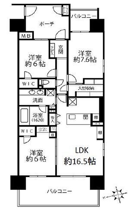 3LDK、専有面積86.98平米、バルコニー面積20.85平米