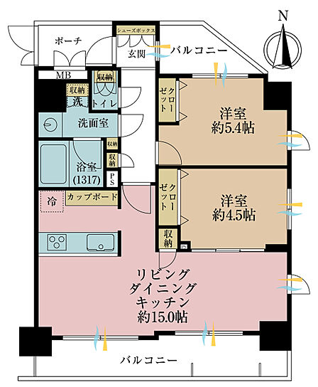 2LDK、専有面積58.36平米、バルコニー面積13.64平米