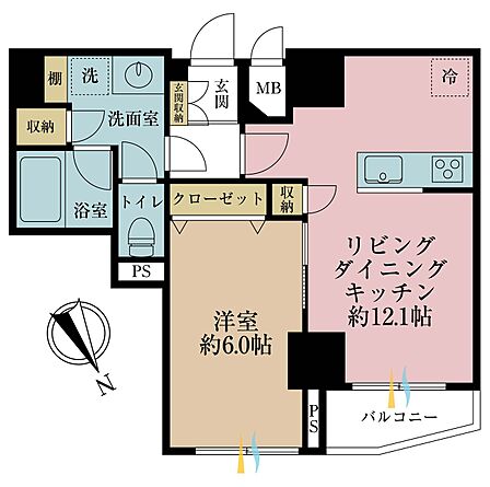 1LDK、専有面積42.81平米、バルコニー面積2.67平米