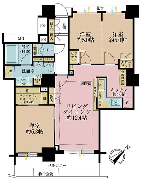 3LDK、専有面積75.57平米、バルコニー面積9.8平米