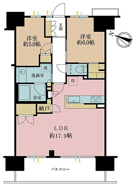 3LDK、専有面積65.4平米、バルコニー面積12平米