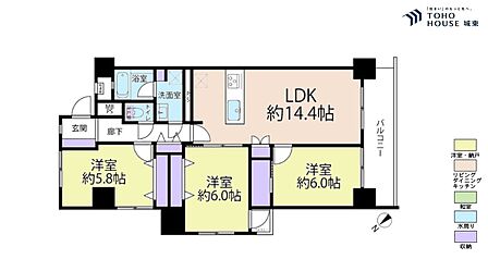 3LDK、専有面積76.84平米、バルコニー面積9平米