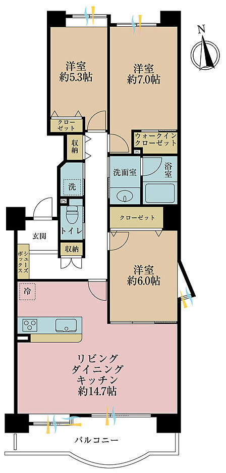 3LDK、専有面積79.68平米、バルコニー面積9.87平米