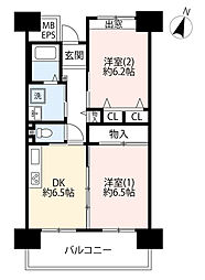UR都市機構ひばりが丘パークヒルズ6-3号棟 2DKの間取図画像