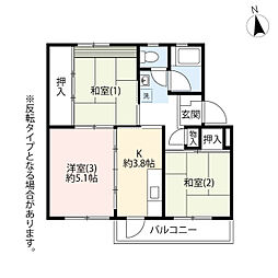 UR都市機構立川若葉町団地2号棟 3Kの間取図画像