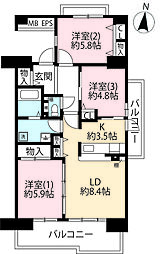 UR都市機構多摩平の森2-5号棟 3LDKの間取図画像