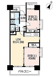 UR都市機構ビューコート小港9号棟 2LDKの間取図画像