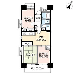 UR都市機構ビューコート小港9号棟 3DKの間取図画像