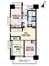 UR都市機構ビューコート小港9号棟 3DKの間取図画像