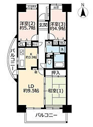 UR都市機構コンフォールさがみ南9号棟 3LDKの間取図画像