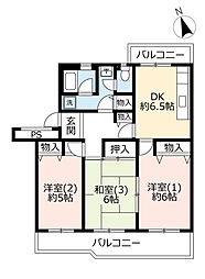 UR都市機構グリーンスクエア大野台1号棟 3DKの間取図画像