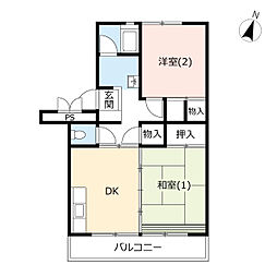 サンヴァリエ平塚13号棟 2DKの間取図画像