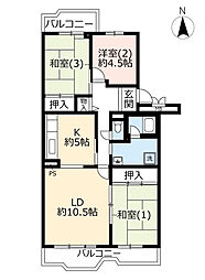 UR都市機構サニーメゾン平塚4号棟 3LDKの間取図画像