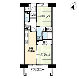 UR都市機構サンラフレ百合ヶ丘6号棟 2DKの間取図画像