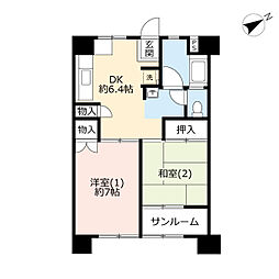 UR都市機構磯子三丁目団地1号棟 2DKの間取図画像