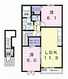 プラシード柿の木坂 2階2LDKの間取り