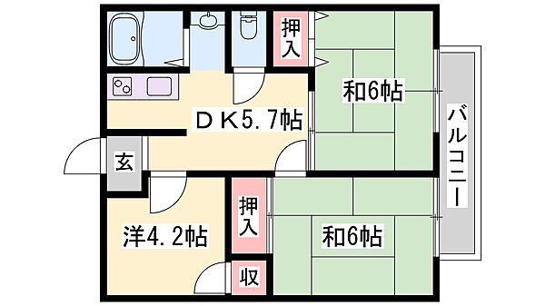 ホワイトハイツ B206｜兵庫県加古川市東神吉町西井ノ口(賃貸アパート3DK・2階・47.57㎡)の写真 その2