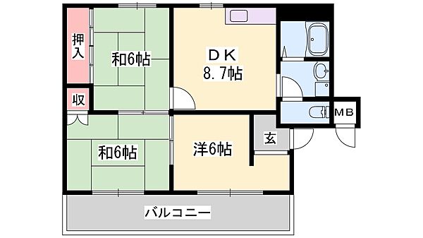 兵庫県姫路市飾磨区下野田２丁目(賃貸マンション3DK・2階・58.00㎡)の写真 その2