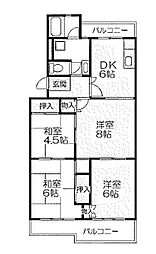 城ノ宮団地城の宮第一住宅1号棟-A 3LDKの間取図画像